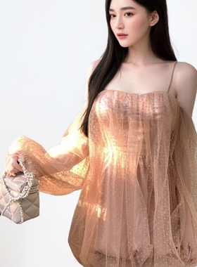 Dilan  双层网纱波点一字肩抹胸灯笼袖花苞连衣裙