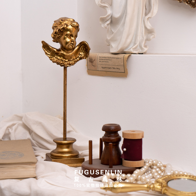 欧式金色浮雕手持梳妆镜天使摆件