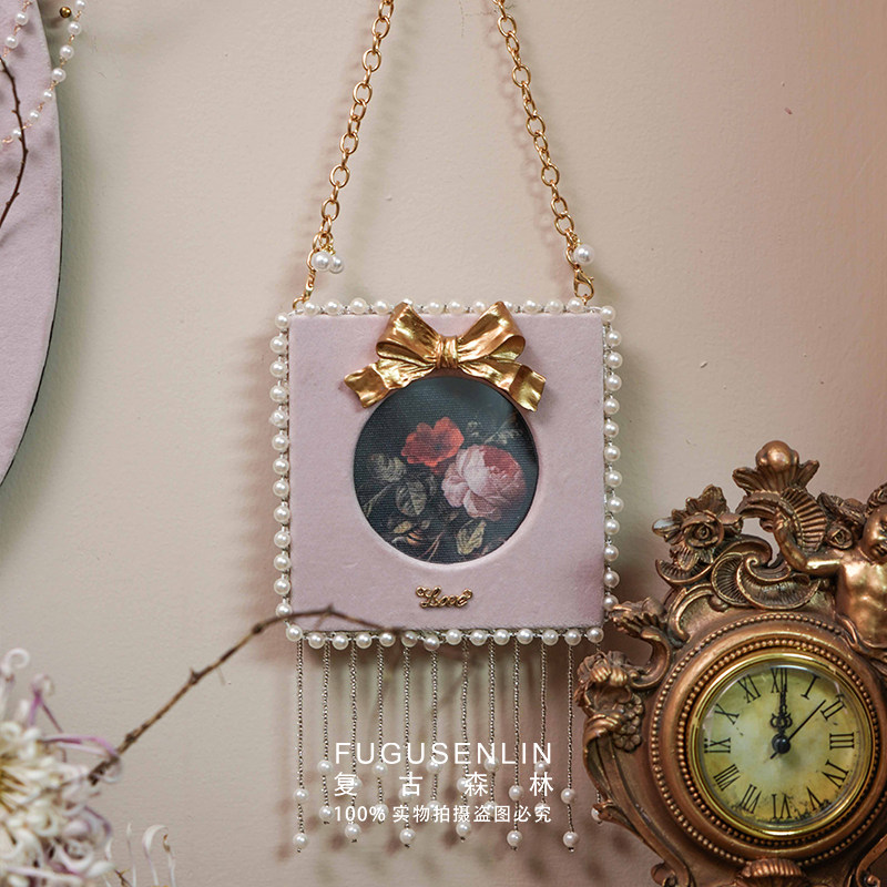 复古森林法式手作粉丝绒蝴蝶结画框壁挂民宿装饰珍珠流苏相框摆件