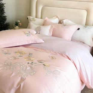 k姐轻奢高端清新田园风全棉花卉刺绣四件套纯棉床单被罩床上用品4