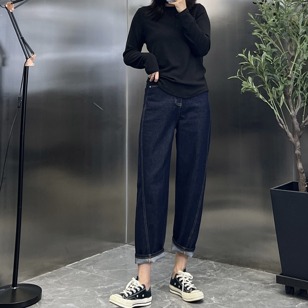 不褪色高腰宽松直筒九分牛仔裤女3D立体拼接香蕉镰刀裤2023秋冬