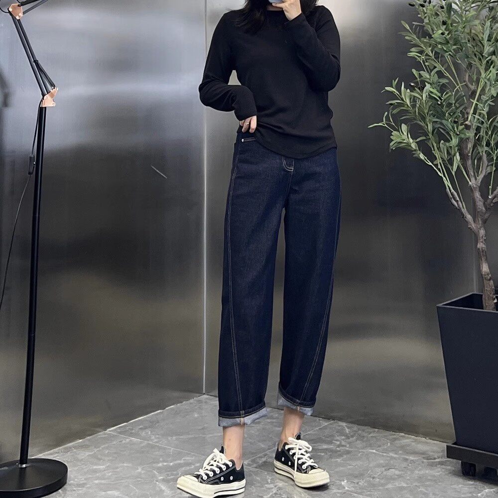 不褪色高腰宽松直筒九分牛仔裤女牛仔裤