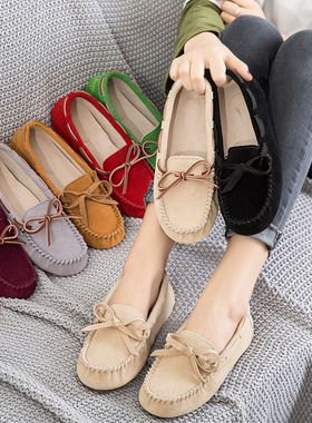 2025新款春秋豆豆鞋女单鞋真皮蝴蝶结学生牛筋软底孕妇妈妈单鞋子