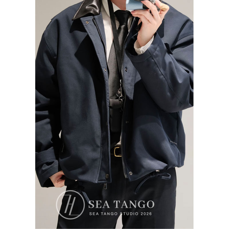 【放心拍】26FW北欧时装潮牌皮领拼接短款棉服巴恩风夹克外套棉衣