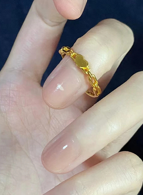 复古镂空几何链条爱心戒指女新款ins风18k金色食指戒不掉色饰品