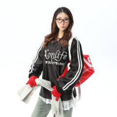 XONLIFE 立体珍珠字母球衣美式复古标语情侣卫衣液态光泽长袖男女