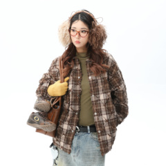 XONLIFE 菱形手工破坏格子纹衬衫棉服外套美拉德秋冬绗棉内里加厚