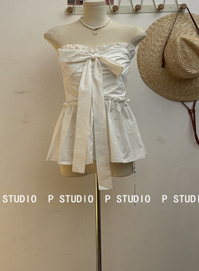 U++ 正版2025夏季新款甜美风白色蝴蝶结抹胸背心女荷叶边上衣女