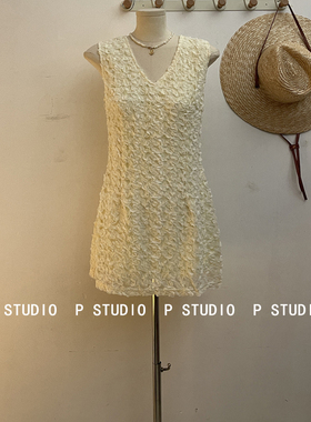 ADD正版2025新款韩版夏季百搭显瘦立体花朵设计感V领蕾丝连衣裙女