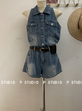 ADD2025夏季新款复古减龄挂脖牛仔翻领无袖上衣高腰短裤两件套女