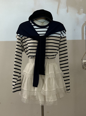 BENHE 秋季新款拼接披肩假两件长袖T恤女宽松舒适上衣潮+裙子