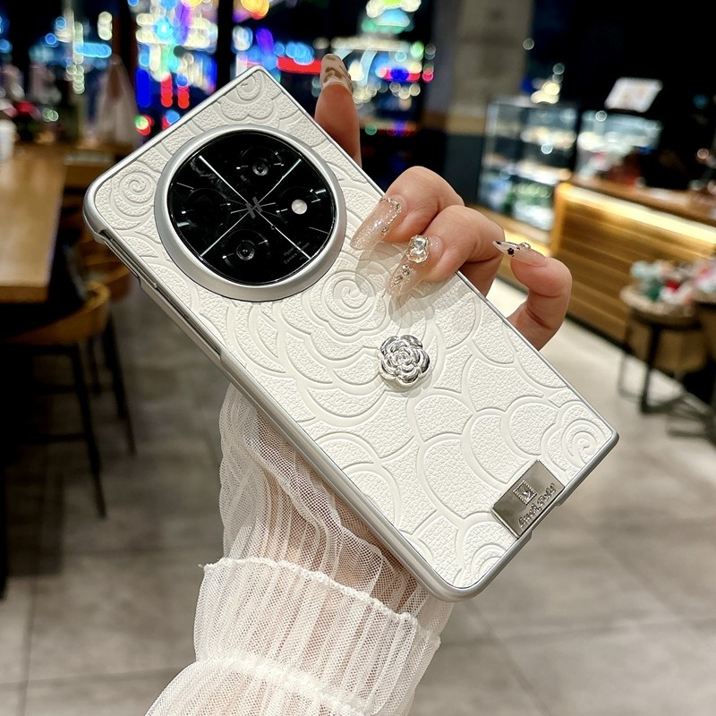 适用oppofindn5手机壳findn5新款折叠屏保护套find n5立体山茶花PKH110皮质小香风oppo高端oppon5铭牌外壳opn