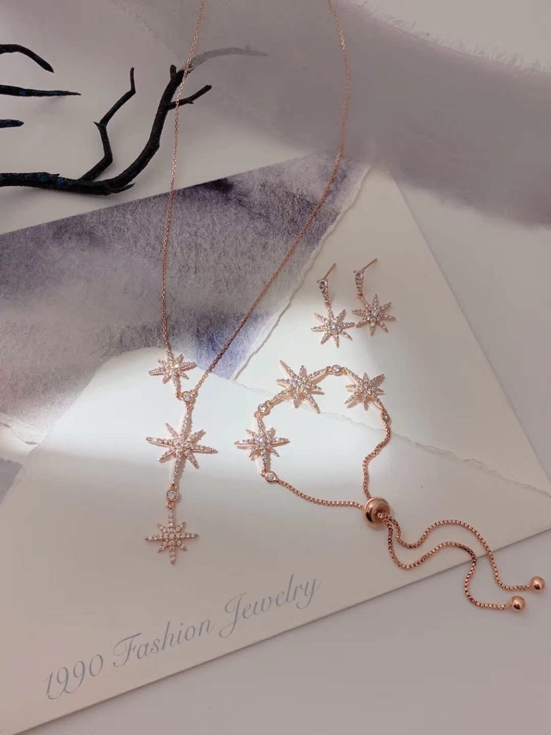 韩国东大门1990水钻八角芒星锁骨链气质小众项链手链耳环首饰品女
