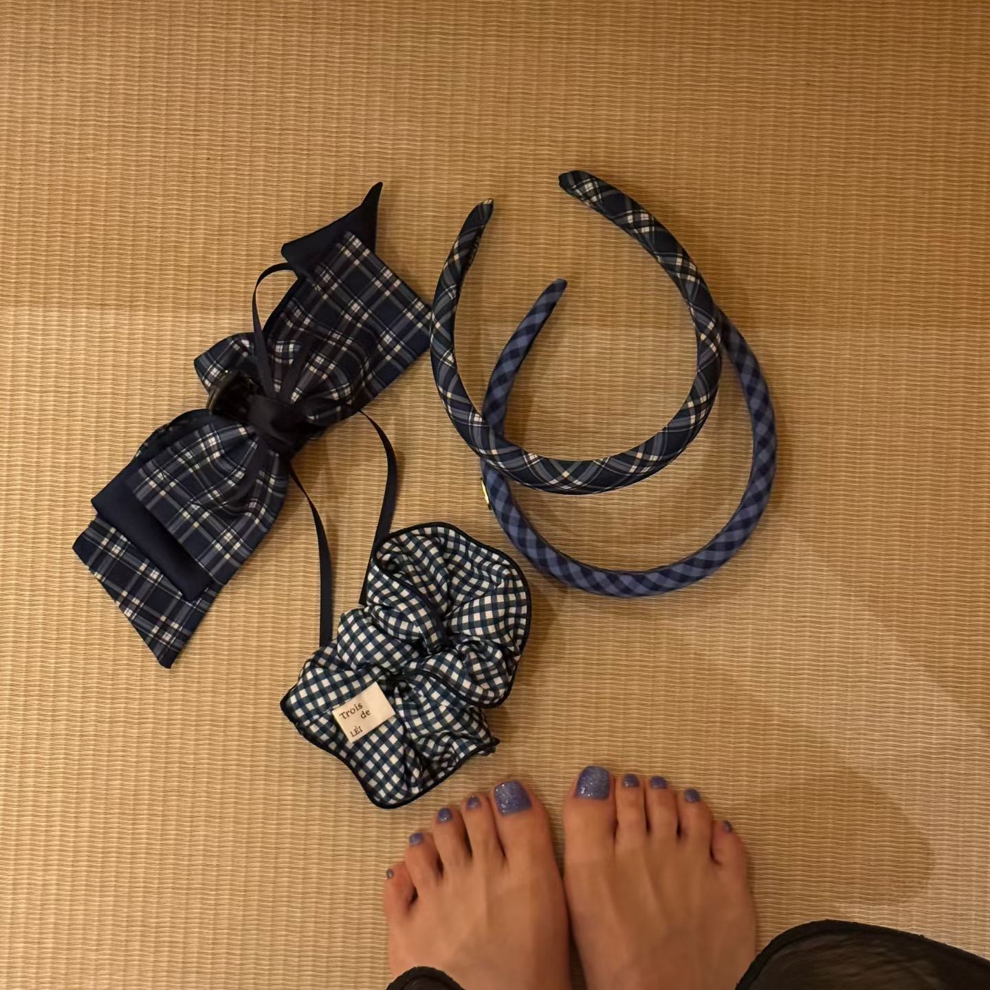 韩国东大门Trois de LEI蓝色格子韩系蝴蝶结抓夹发圈发箍发饰品女