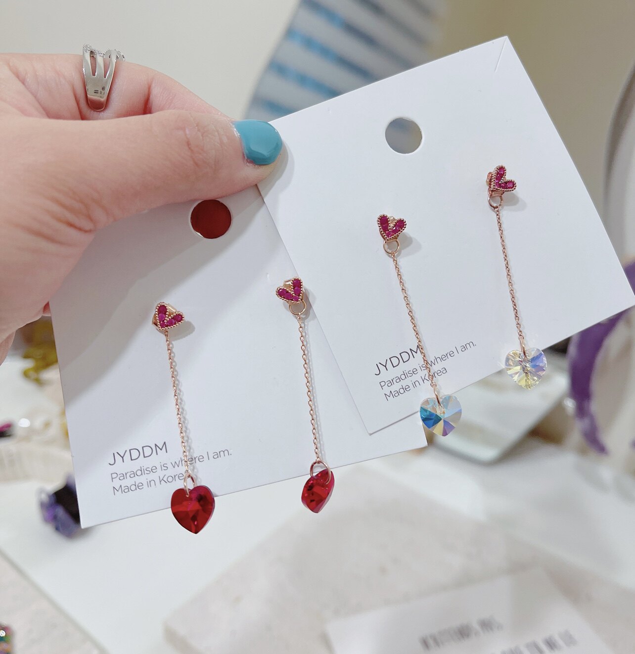 韩国东大门新款水晶爱心水钻心形长款甜美气质耳钉耳环耳坠耳饰女