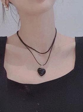 黑色水晶串珠双层爱心项链锁骨链