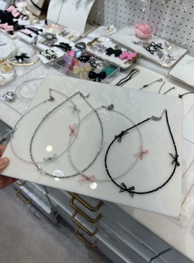 水晶串珠欧根纱蝴蝶结项链锁骨链