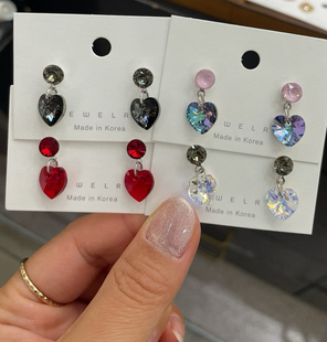 韩国耳饰品新款S家水晶水钻闪闪爱心吊坠小众百搭气质耳钉耳环女