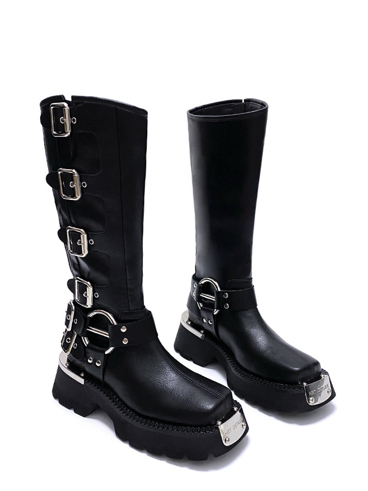 여성을위한 펑크 스타일 블랙 마틴 부츠 봄과 여름 정사각형 발가락 두꺼운 단독 서부 카우보이 부츠 틈새 디자인 라이더 오토바이 부츠