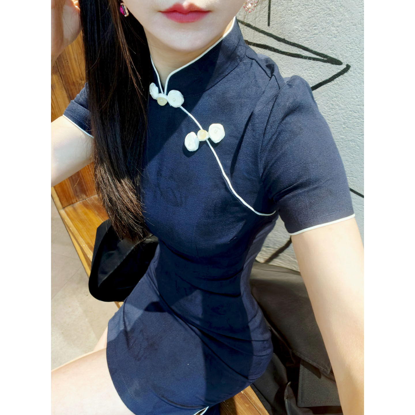 特别漂亮的掐腰旗袍女小个子藏蓝色短袖日常修身显瘦气质年轻短款
