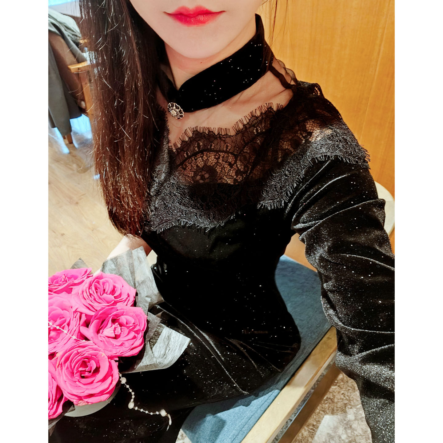 新中式丝绒旗袍蕾丝透视长袖性感