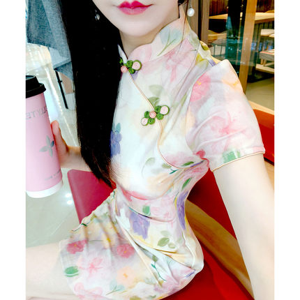 旗袍女小个子2026新款复古风印花短袖连衣裙夏季日常修身包臀短款