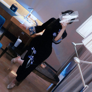 妖精的衣见钟情新中式国风黑色高级刺绣丝绒倒大袖改良旗袍连衣裙