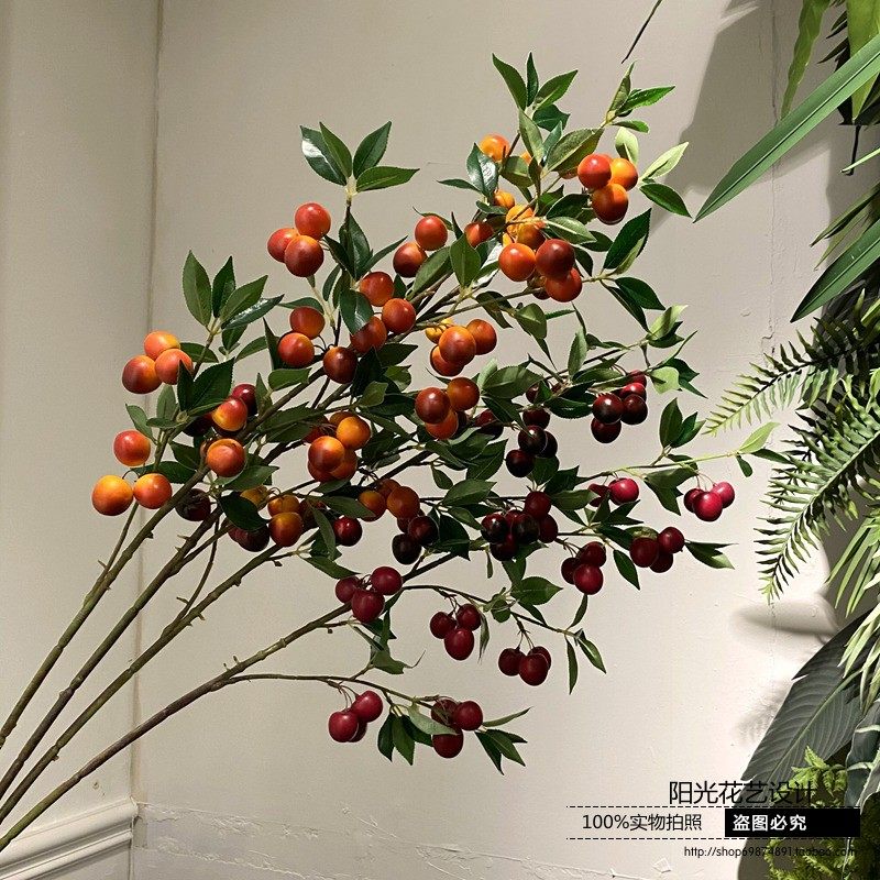 樱桃枝果树枝车厘子浆果假花仿真果实树枝客厅家居摆设桌面装饰品