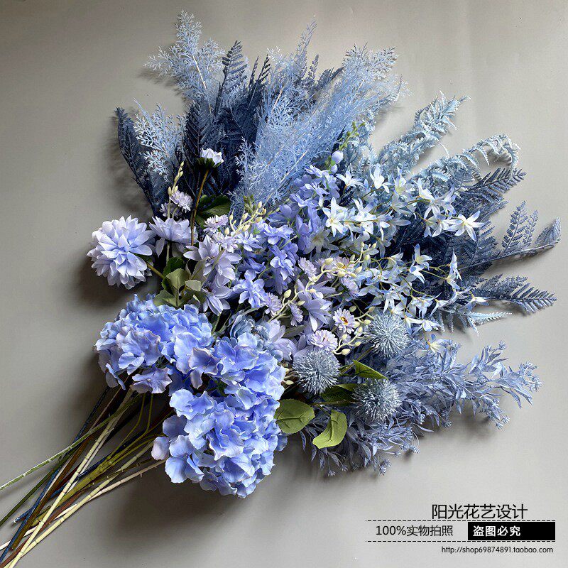 蓝色系婚礼堂 婚庆仿真花材雾凇秀丽菊绣球飞燕花店面网红装饰花