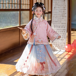 拜年服 小女孩新中式 汉服女童2025冬款 儿童国风仙气加绒马面裙套装