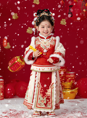 汉服女童冬款儿童中国风红色喜庆拜年服女孩加厚新中式马面裙套装