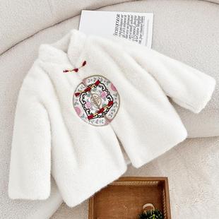 2025年冬季 仿皮草水貂绒女童外套中国风加棉加厚毛绒母女棉服 新款