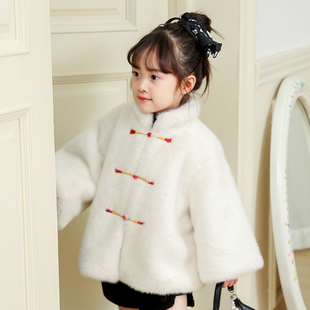 2025冬季 女童仿皮草水貂毛中国风外套小香风加绒加厚棉衣棉服 新款