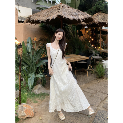 2025 新款法式拼接蕾丝花边设计显瘦连衣裙2025新款夏季V领长裙