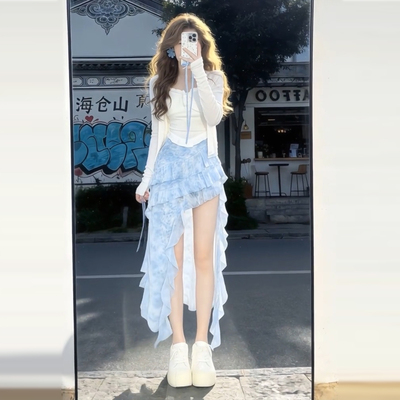 韩系巨好看穿搭一整套早春2026新款白色t恤女不规则半身裙子套装