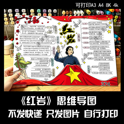374《红岩》思维导图手抄报模板黑白线稿初中必读学生手抄报模板