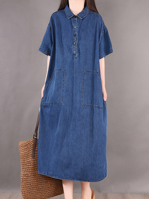taobao agent Cotton long skirt, denim dress, plus size, with short sleeve
