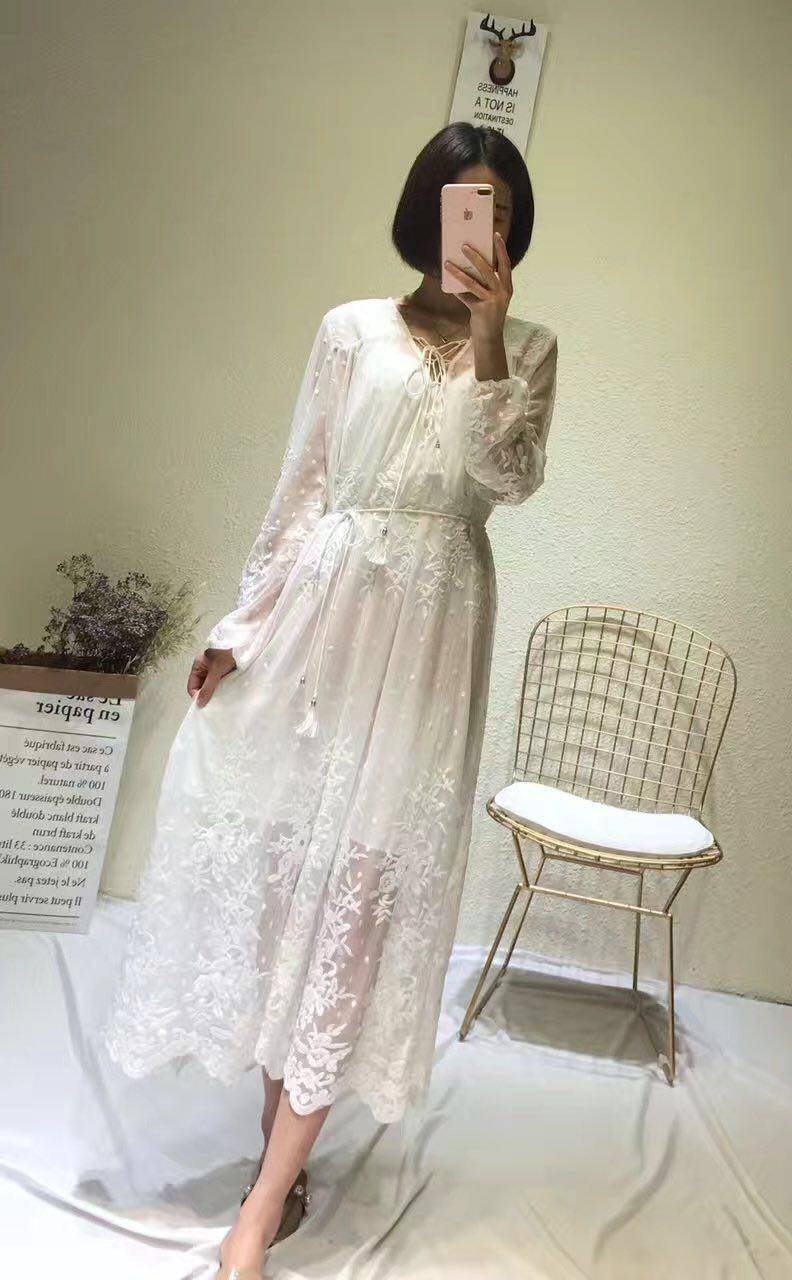 ziita18春夏高级重工蕾丝两件套吊带长款沙滩裙白色仙女刺绣睡裙