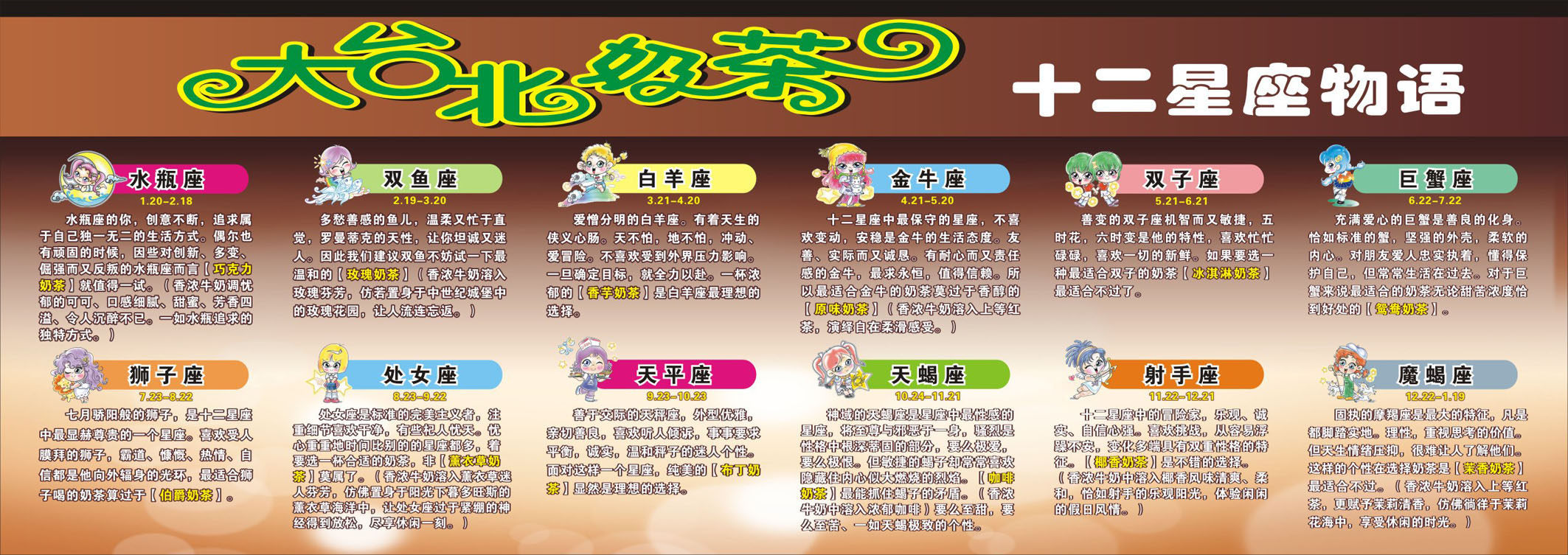 738居家海报展板喷绘贴纸图片写真挂图326奶茶十二星座物语宣传