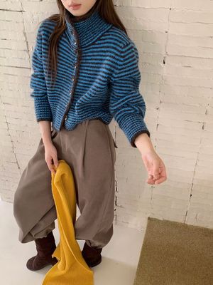 韩系穿搭条纹针织开衫女秋冬季新款毛衣外套宽松慵懒风上衣