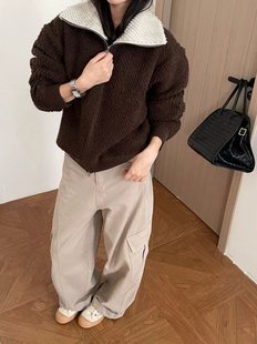 韩系穿搭咖色针织开衫女秋冬季新款毛衣外套宽松慵懒风上衣