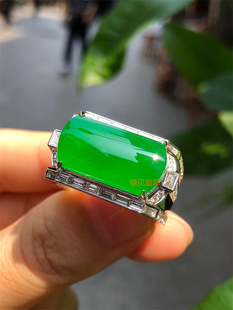 缘见翡翠 缅甸A货木纳辣绿马鞍戒戒指男士18k金钻石镶嵌