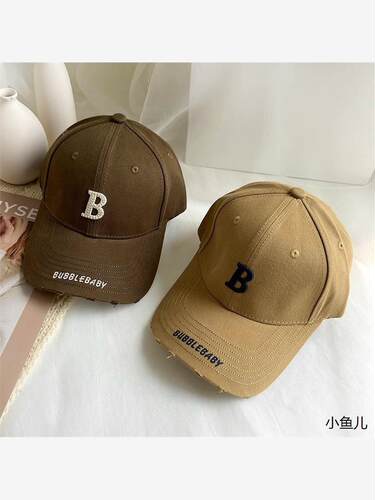 韩版刺绣B字母硬顶破边棒球帽