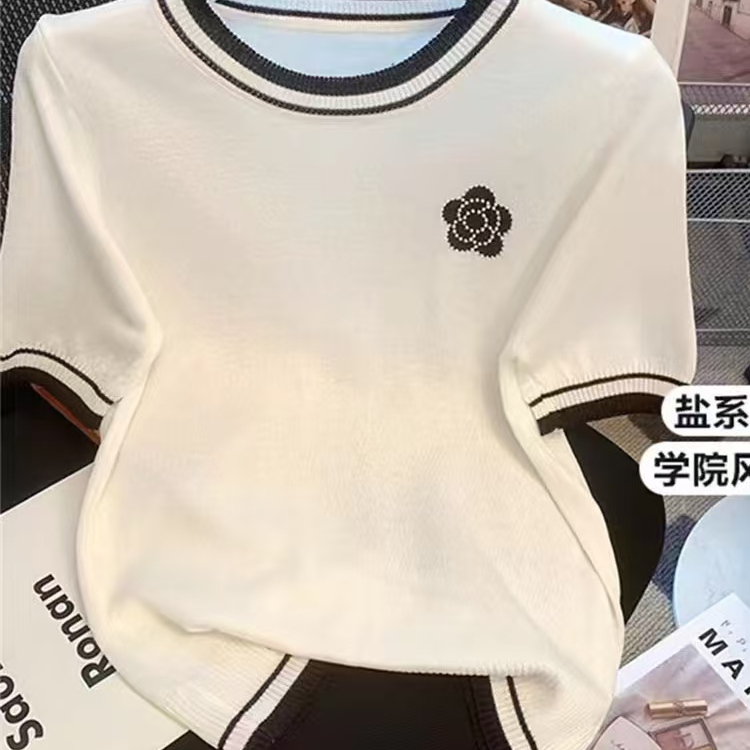 圆领撞色冰丝短袖T恤女夏季新款针织打底衫山茶花刺绣上衣