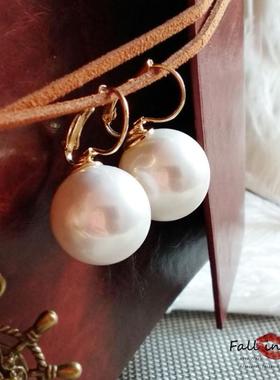 奢恋新款时尚个性夸张白色大珠珠金色挂钩耳环百搭名媛潮明星同款
