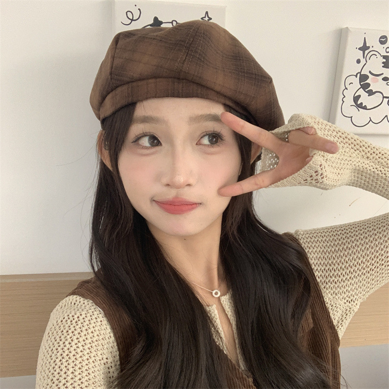 贝雷帽秋季气质复古格纹蓓蕾帽子