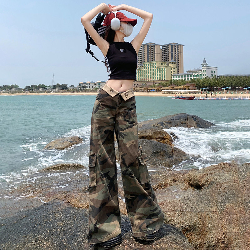 美式辣妹复古迷彩低腰工装裤夏季新款翻边腰头设计阔腿牛仔裤