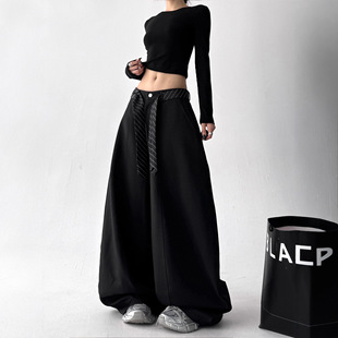 美式超酷高级感褶皱弯刀西裤女裤秋季新款阔腿裤宽松垂感休闲裤子