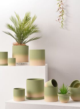 北欧渐变橄榄绿色陶瓷素烧花盆有孔带托盘吸水透气绿植花卉虎皮兰