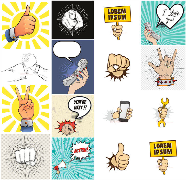 a0870矢量ai设计素材 卡通波普手绘漫画手势动作插图